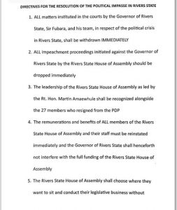 Image showing the directives for the resolution of the political impasse in Rivers