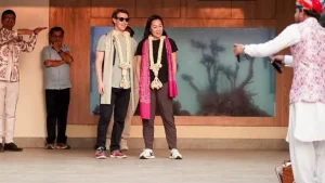 Mark Zuckerberg and his wife Priscilla after arriving at Jamnagar