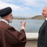 Raisi and Azerbaijan’s President Ilham Aliyev visit the Qiz-Qalasi dam on the Azerbaijan-Iran border, May 19, 2024. [Iran’s Presidency/WANA (West Asia News Agency)(Reuters)