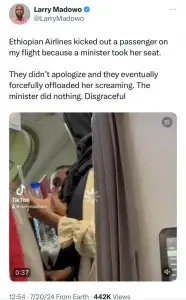 The female passenger was removed from her seat without an apology from Ethiopian Airlines. Despite her protests and pleas, the yet-to-be-identified minister, did not intervene and remained